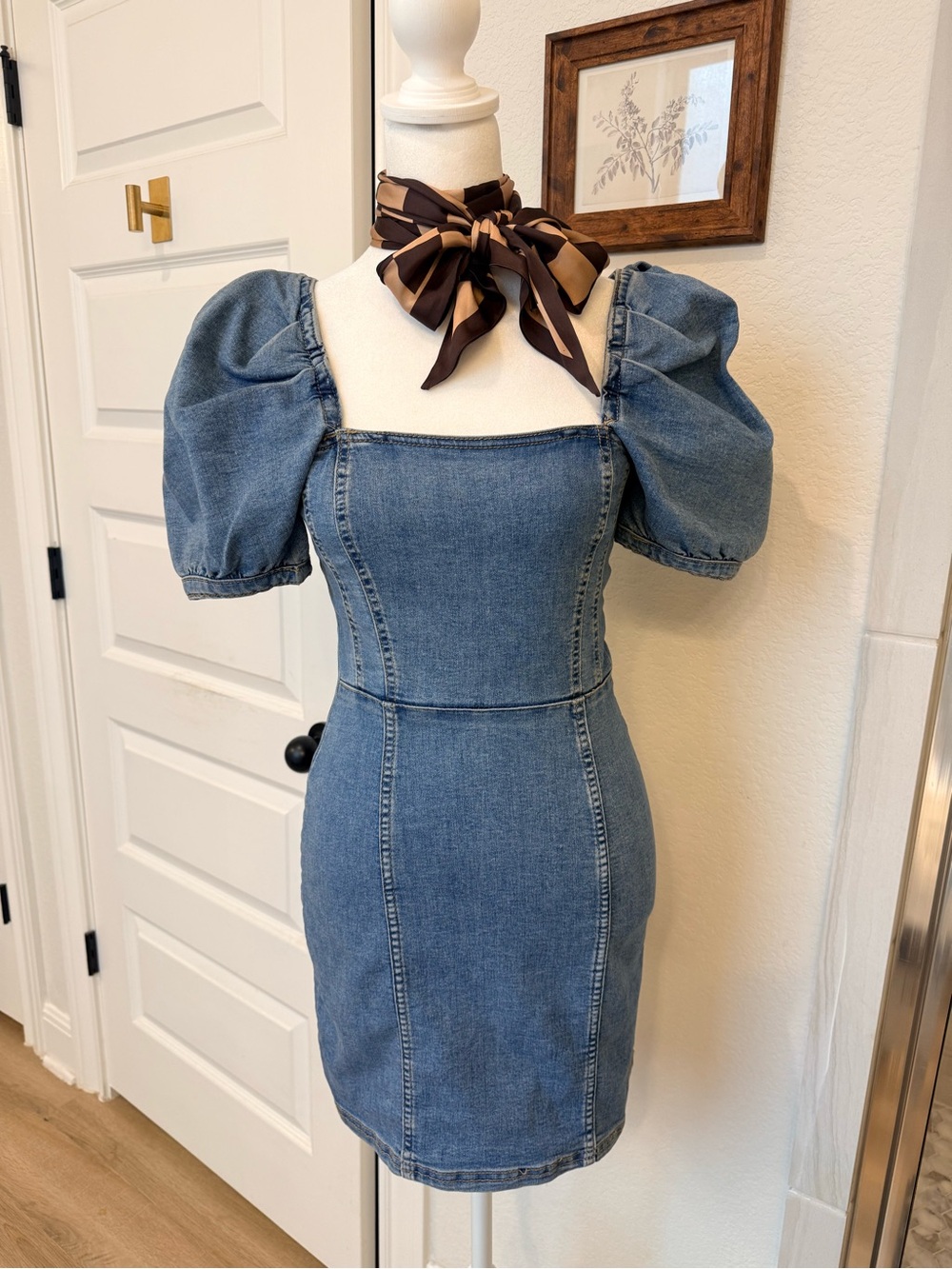 Denim stretch Puff-Sleeve Mini Dress - Blue